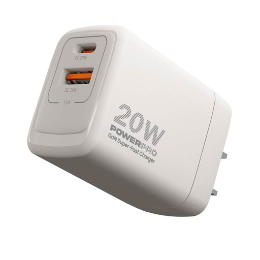 [PW5062WT] Cargador de Pared Unno Tekno PowerPro Dual USB USB-C 20W​​ Blanco